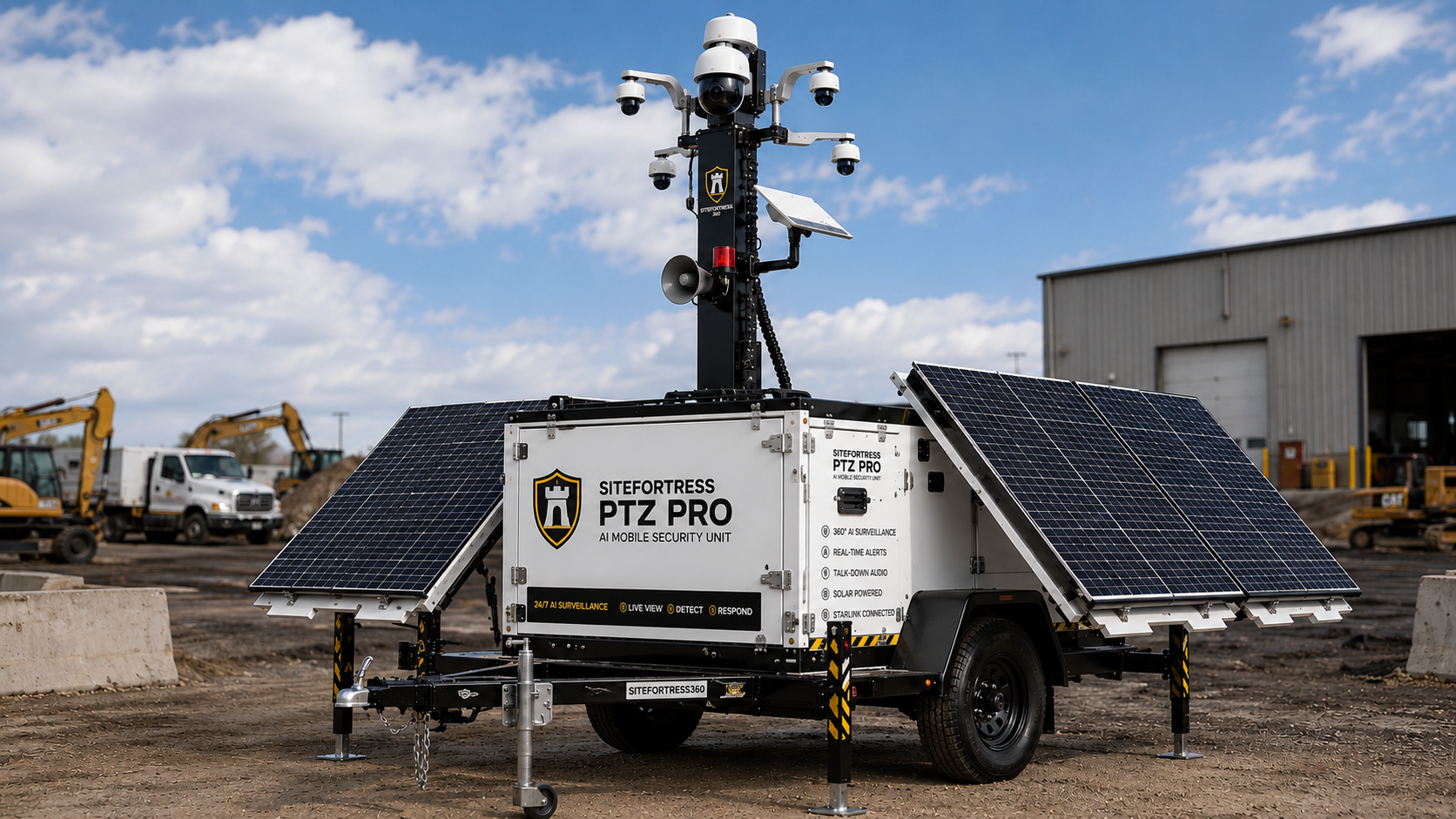 SiteFortress PTZ Pro solar surveillance trailer deployed at a DFW equipment yard — PTZ and fixed AI cameras on a 20 ft mast with solar arrays
